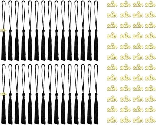 Tupalizy 30 mini borlas sedosas hechas a mano con 60 dijes del año 2024 para graduación, llavero, aretes, joyería, regalos de boda, recuerdos,
