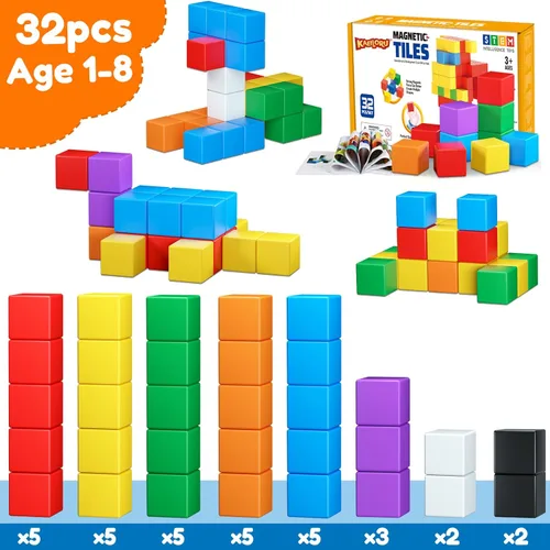 Miniatura 6 de Bloques magnéticos, 32 piezas de bloques magnéticos de construcción para niños de 3 a 5 años, cubos magnéticos, juguetes STEM, juguetes educativos