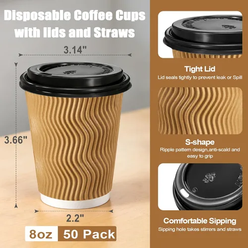 Miniatura 2 de Lamosi Tazas de café desechables de 8 onzas con tapas, paquete de 50 tazas de papel con aislamiento para llevar, con tapas y popotes, taza de pared