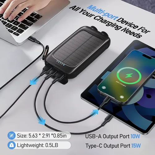 Miniatura 3 de Banco de energía solar de 20000 mAh, cargador portátil negro con salidas USB-C y USB-A, batería de reserva de emergencia, linterna LED, para iPhone