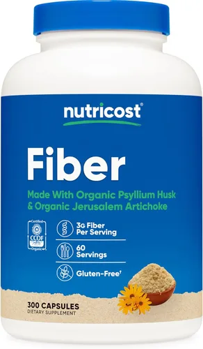 Miniatura 6 de Cápsulas de fibra Nutricost con suplemento de fibra prebiótica 150 cápsulas - Suplemento certificado CCOF, hecho con cáscara de psyllium orgánica