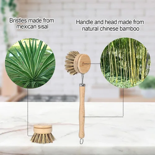Miniatura 3 de Cepillo de Bambú para Platos con Asa, 4 Cabezales de Repuesto, Raspador de Papas Ecológico, Compostable y Sostenible, Cepillo Raspador de Bambú