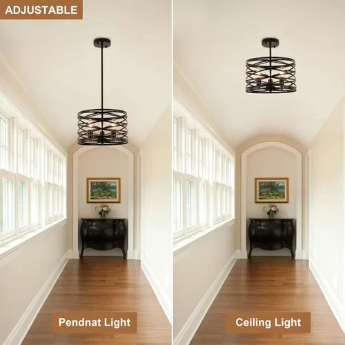 Miniatura 5 de Candelabros de granja para comedor, iluminación colgante de 3 luces para isla de cocina, tambor negro, lámpara rústica para colgar en el techo