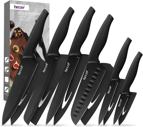 hecef Juego de 6 cuchillos de óxido negro con funda protectora a juego, cuchillos de cocina resistentes a los arañazos y a prueba de óxido, acero