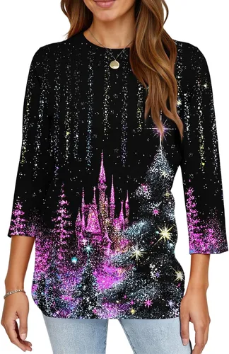 Miniatura 76 de Camisetas de manga 3/4 para mujer, cuello redondo, holgadas, casuales, con estampado floral, camisetas de moda para el trabajo de negocios