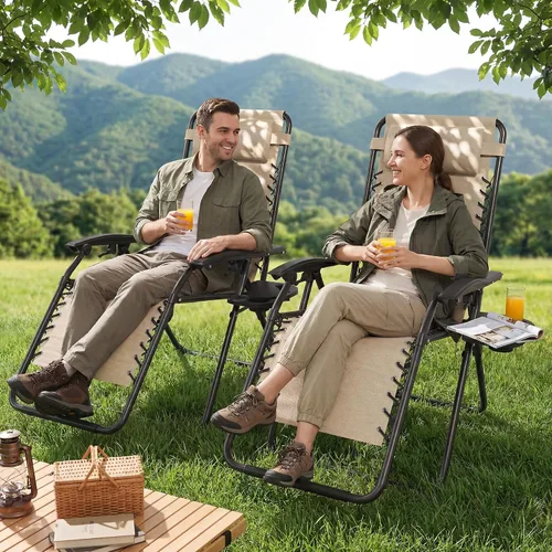 Miniatura 2 de Juego de 2 sillas reclinables ajustables de gravedad cero para exteriores, con bandeja portavasos, almohadas extraíbles, silla reclinable ergonómica