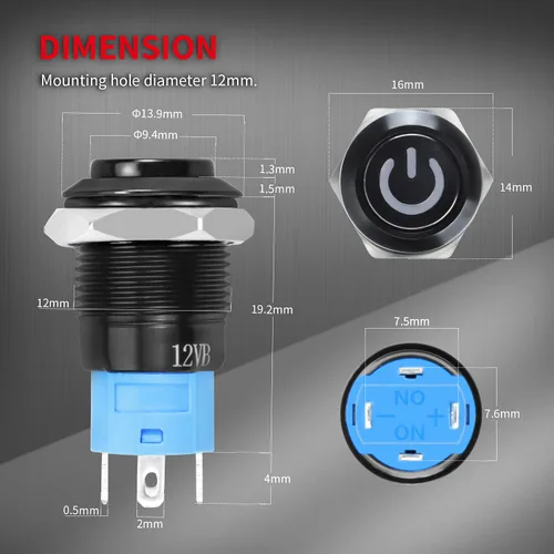 Miniatura 2 de DaierTek - Interruptor de botón de encendido y apagado, 0.472 in CC, 4 pines, 12 V, impermeable, interruptor de metal con arnés de cableado y luz