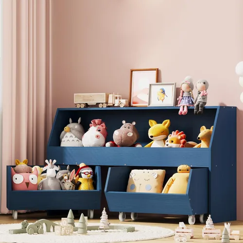 Miniatura 9 de Almacenamiento y organizador de juguetes para niños, estantería grande con contenedor de juguetes y gabinete de juguetes con dos cajones móviles