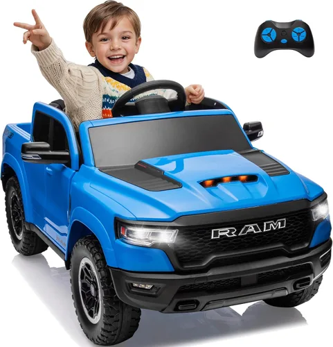 YOFE Ram 1500 RHO - Auto de paseo para niños, camión eléctrico de 12 V con control remoto, auto de juguete para niños con ventanas elevadas, Azul