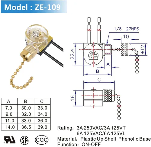 Miniatura 6 de Interruptor de luz de ventilador de techo ZE-109, interruptor de cadena de encendido y apagado compatible con la mayoría de las luces de ventilador