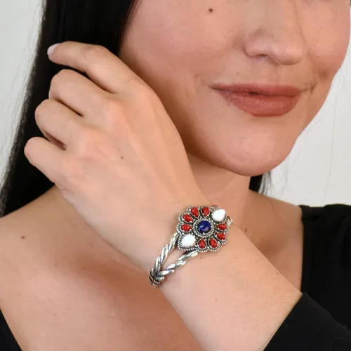 Miniatura 2 de American West - Pulsera de coral rojo, ágata blanca y lapislázuli azul, talla S, M o L