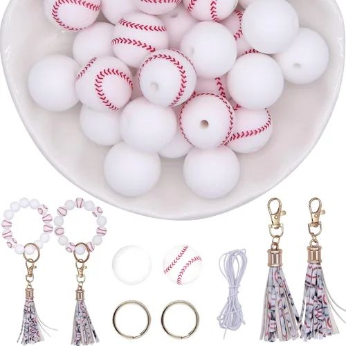 KJMYYXGS Cuentas de silicona de béisbol para hacer llaveros, cuentas de silicona deportivas de 0.59 pulgadas a granel con borla para llavero