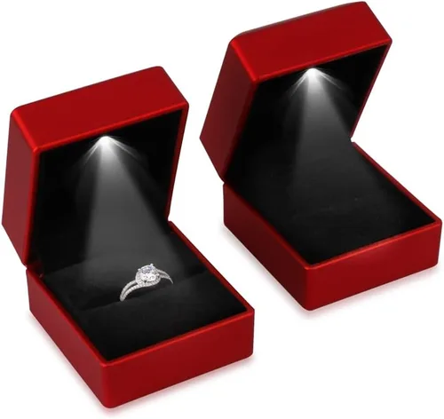 Miniatura 2 de iSuperb 2 cajas de anillo LED iluminadas para propuestas, compromisos, bodas, regalos (2 unidades, rojo)