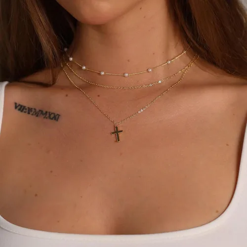 Miniatura 4 de ASCOMY Collares en capas para mujer, delicado collar de oro chapado en oro de 14 quilates, collar de espiga para mujer, collar de cruz de perlas