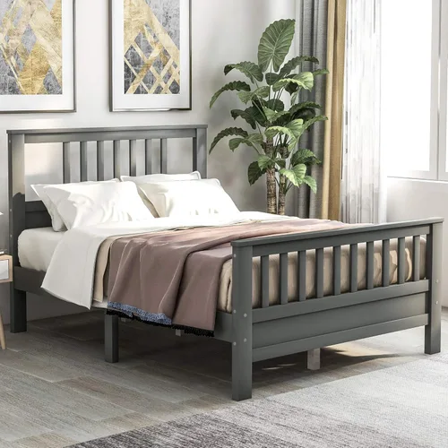 Miniatura 11 de Polibi Cama de plataforma de madera de tamaño individual con cabecero, estribo, listones de madera, no necesita somier (blanco)
