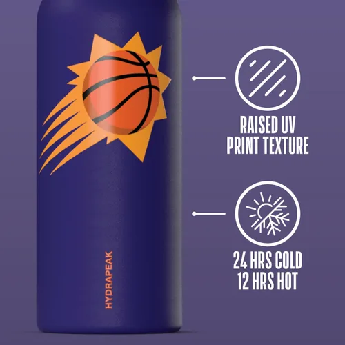 Miniatura 4 de Hydrapeak Botella de agua aislada con licencia oficial de la NBA Phoenix Suns Oasis de 32 onzas con tapa de botón y asa integrada, botella deportiva