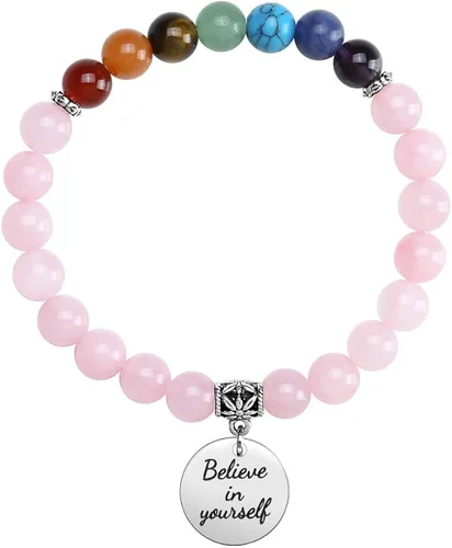 Miniatura 5 de Jovivi - Pulsera de 7 chakras con piedras preciosas naturales, cuentas de yoga, cristales curativos reiki, cuentas elásticas con abalorio inspirador