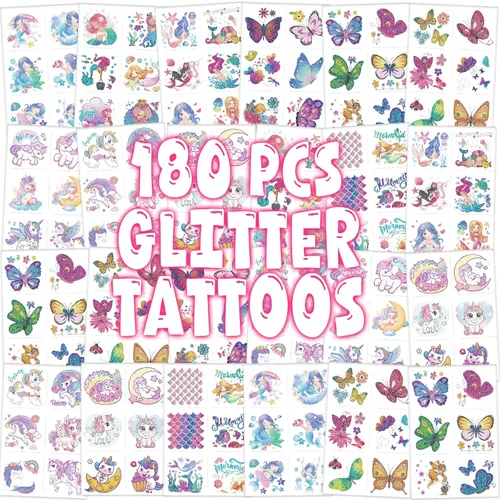 Tatuajes temporales con purpurina para niñas, 180 hojas individuales de sirena, mariposa, unicornio, calcomanías de tatuaje para niños, tatuajes