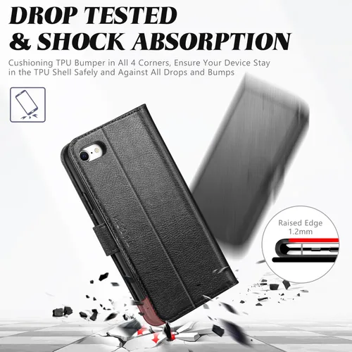 Miniatura 6 de TUCCH Funda tipo cartera para iPhone SE 2022/SE 2020/iPhone 8/7, tarjetero con función atril de piel sintética, magnética, funda protectora de Negro