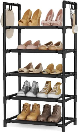 LANTEFUL - Organizador de zapatos de 5 niveles, 12-15 pares, organizador de botas, estante resistente y estrecho para entrada, armarios con ganchos,