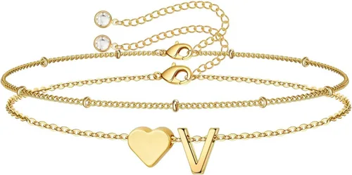 Miniatura 41 de M MOOHAM Pulseras de oro con inicial de corazón para mujer, pulseras con dije de letra A-Z de corazón dorado en capas para mujer, pulseras