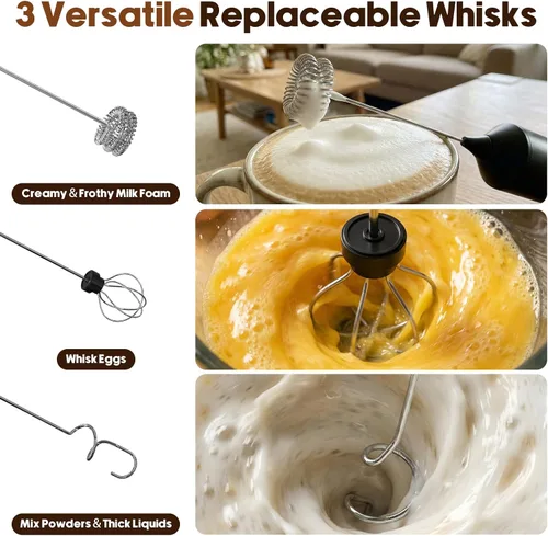 Miniatura 7 de Espumador de leche recargable de mano con 3 velocidades, 3 batidores desmontables con soporte, varita mezcladora de bebidas de café eléctrico