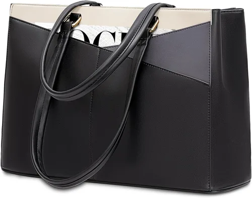 Miniatura 55 de LOVEVOOK Bolsa de mano para computadora portátil para mujer, bolsas de trabajo de cuero de 15.6 pulgadas con soporte grande para tazas para Negro