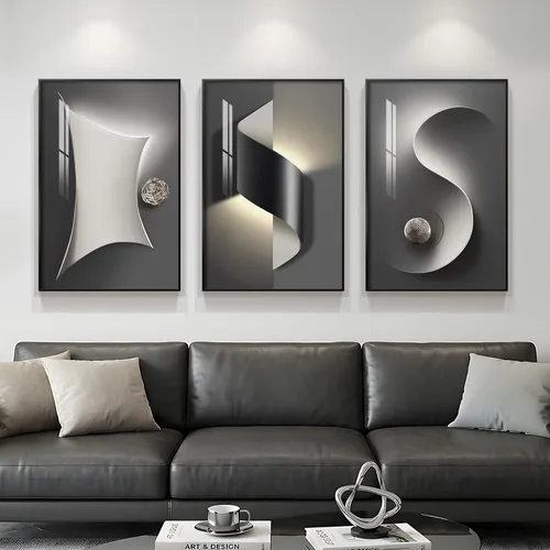 Miniatura 10 de Juego de arte moderno enmarcado de 3 piezas, arte abstracto de líneas geométricas en blanco y negro, pinturas artísticas de lujo contemporáneas