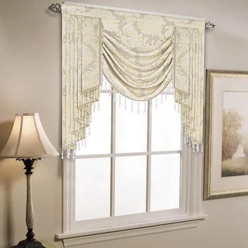 Miniatura 7 de Loom and Mill Cenefa de cascada de lujo de jacquard para sala de estar, elegantes cenefas de ventana con festones y cuentas damascadas, cortinas