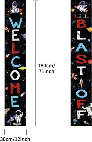 Miniatura 5 de Spaceship Welcome Blast Off Door Banner, cartel de porche y telón de fondo para fiesta de cumpleaños