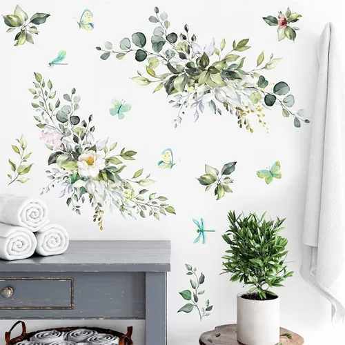 Miniatura 3 de Vinilo botánico de hojas verdes, calcomanías de vinilo para despegar y pegar, enredaderas rústicas colgantes, mural, mariposas, flores, calcomanías