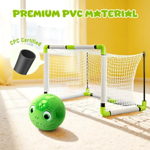 Miniatura 4 de VangeBow Porterías de fútbol de juguete para niños pequeños para patio trasero interior con pelota de dinosaurio de felpa suave, mini redes