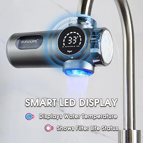 Miniatura 2 de Combo EUROLIFE Filtro de agua para montaje en grifo EL-LS-A15, filtro de agua LED para fregadero con luz UV e indicador de vida del filtro en tiempo
