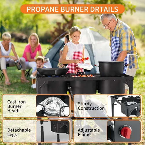 Miniatura 4 de Quemador de Propano de Alta Presión, Estufa de Camping de 3 Quemadores con Patas Desmontables, Quemador de Estufa de Gas Propano de 225,000 BTU
