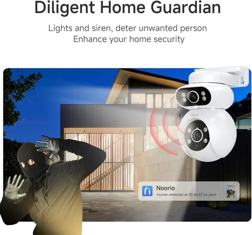 Miniatura 6 de Noorio Cámara de seguridad 2K de doble lente para exteriores, cámaras exteriores para enchufe de seguridad del hogar, seguimiento automático PTZ