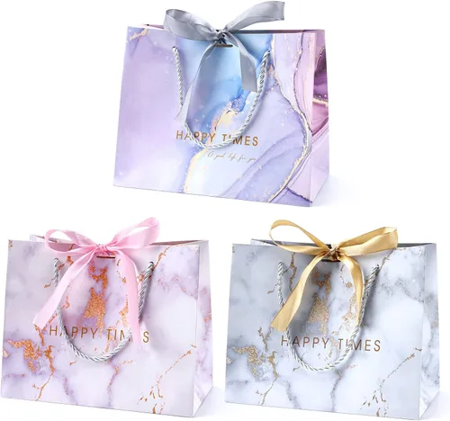 JMANNI Bolsas de regalo, 3 piezas de tamaño mediano con cinta de lazo, bolsa de regalo de papel portátil, patrón de mármol, para cualquier ocasión,