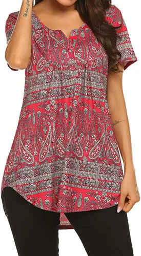Miniatura 4 de Blusón plisado de manga corta con estampado floral y cuello Henley en V para mujer, con vuelo.