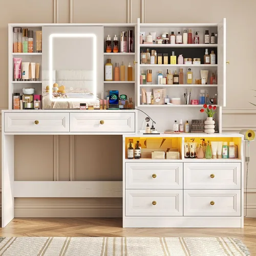 Miniatura 2 de Halitaa Escritorio grande de tocador de 58.6 pulgadas con espejo iluminado deslizante, mesa de tocador de maquillaje blanca y mesita de noche Combo