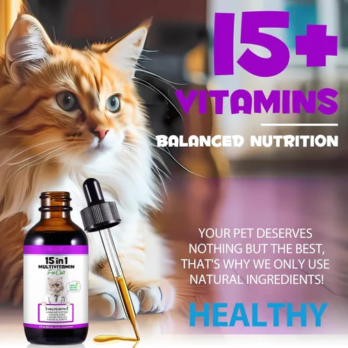 Miniatura 3 de Multivitamínico para gatos, 15 en 1, vitaminas para gatos, suplementos líquidos para la salud del corazón, huesos, articulaciones, piel y pelaje