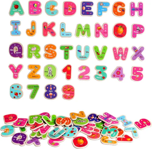 Toys of Wood Oxford Juego de 2 letras y números magnéticos de madera, imanes de nevera para niños, letras del alfabeto y números para niños, juguete