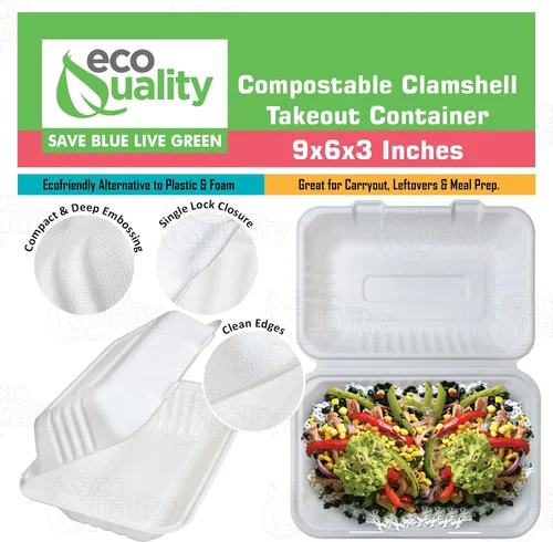 Miniatura 4 de Recipientes de alimentos rectangulares compostables con bisagras para llevar 9x6x3,Contenedores desechables para llevar, contenedores desechables