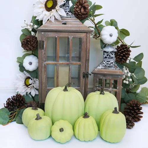 Miniatura 6 de Winlyn 7 calabazas artificiales de cosecha de color verde claro surtidas para Acción de Gracias, Halloween, otoño, mesa de boda, centro de mesa