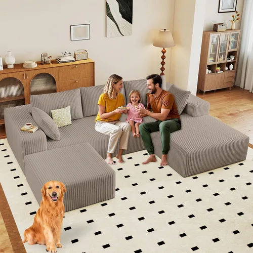 Miniatura 18 de Sofá modular de 95 pulgadas con otomana, moderno sofá nube de pana con asiento profundo, sofá sin hueso tapizado de 3 plazas en forma de U para sala