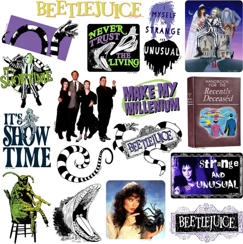Miniatura 3 de Beetlejuice Variedad de 100 calcomanías de vinilo grandes de lujo – Calcomanías troqueladas para laptop, botella de agua, álbumes de recortes