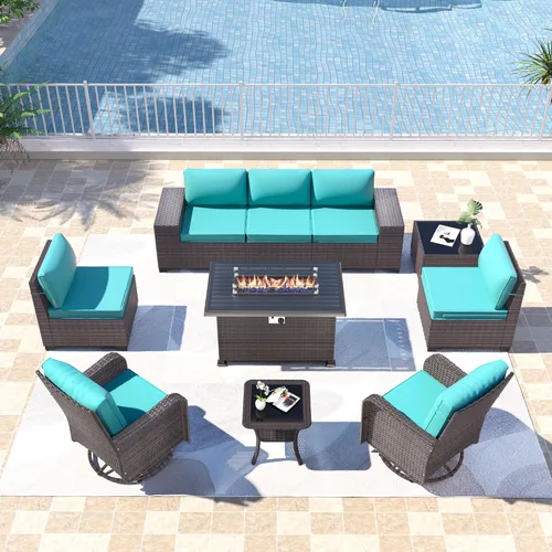 Miniatura 37 de Kullavik Juego de 13 muebles de patio al aire libre con mesa de fogata de gas propano de 43 pulgadas, 55000 BTU, mimbre de polietileno, sofá Arena