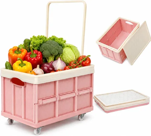 Miniatura 10 de Contenedores de almacenamiento plegables con tapas, cajas plegables de plástico apilables de 30 L, caja de almacenamiento de plástico apilable Rosa