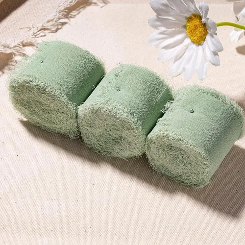 Miniatura 4 de Cinta de gasa, 3 rollos de 21 yardas, color verde salvia, hecha a mano, con flecos, de seda, de 1.5 pulgadas x 7 yardas, juego de cintas