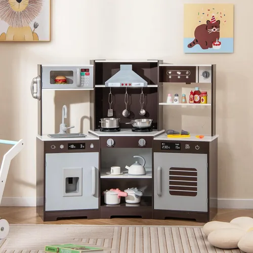 Miniatura 9 de HONEY JOY Juego de cocina esquinera para niños, juego de cocina de juguete de madera con luces y sonidos, campana extractora, máquina de hielo