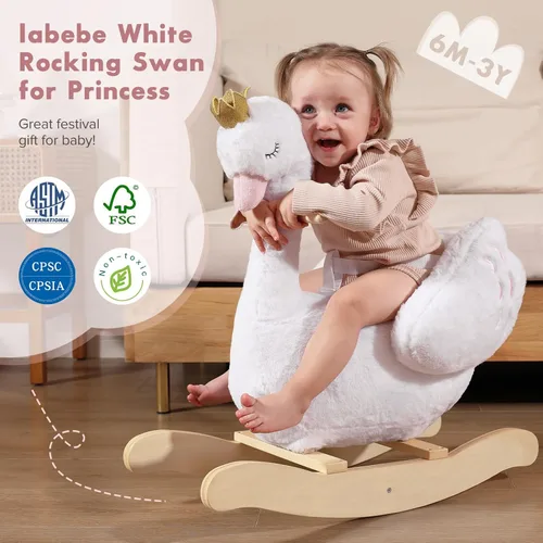 Miniatura 2 de labebe Caballo mecedor de cisne blanco para niños, animal de peluche en madera para niños de 6 meses, para niños y niñas/guardería, regalo de Cisne