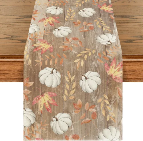 Miniatura 8 de Artoid Mode Camino de mesa de otoño de madera beige con hojas de arce, decoración de mesa de comedor de cocina de otoño de temporada para decoración